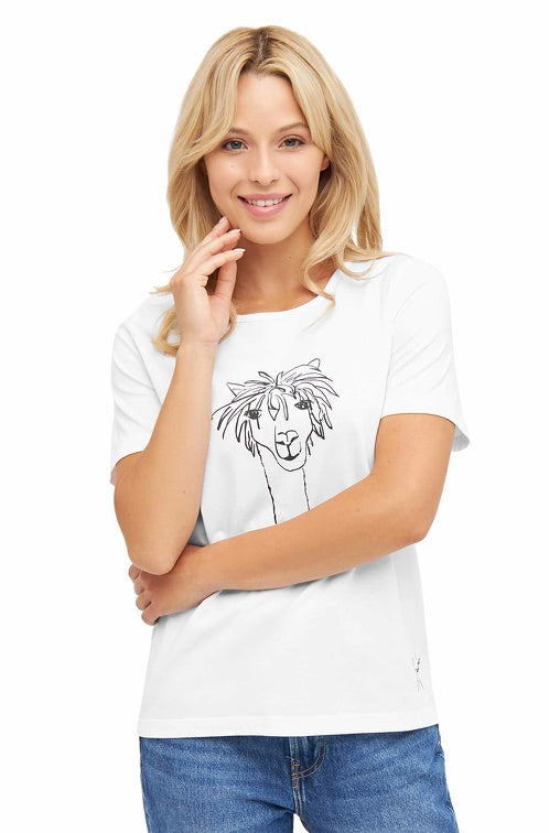 Damen T-Shirt RASSI mit Alpaka-Motiv aus 100% Bio-Pima-Baumwolle Weiß