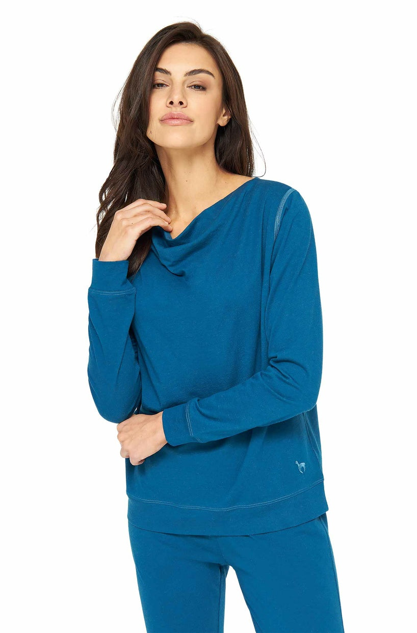 Alpaka Schlafanzug Pyjama Oberteil Damen DREAMLINE mit Bio Baumwolle midnight blue
