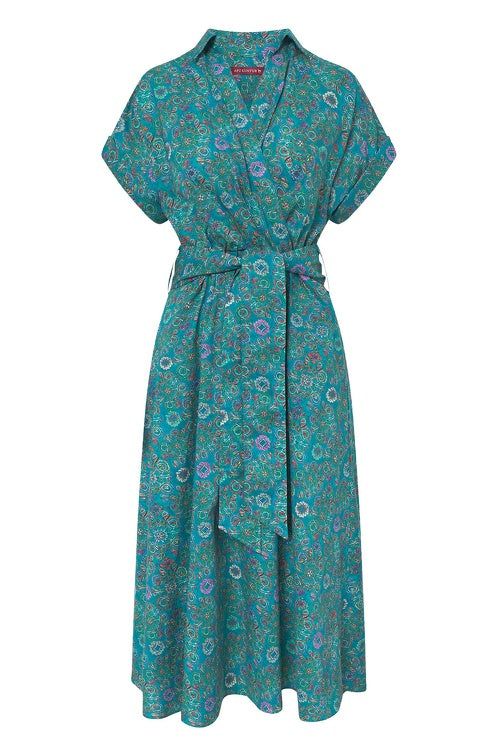 Kleid FLORAL ETHNO in Wickeloptik aus Bio-Pima-Baumwolle turquoise