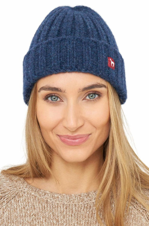 Alpaka Mütze BIANCA mit Merino blau meliert one-size