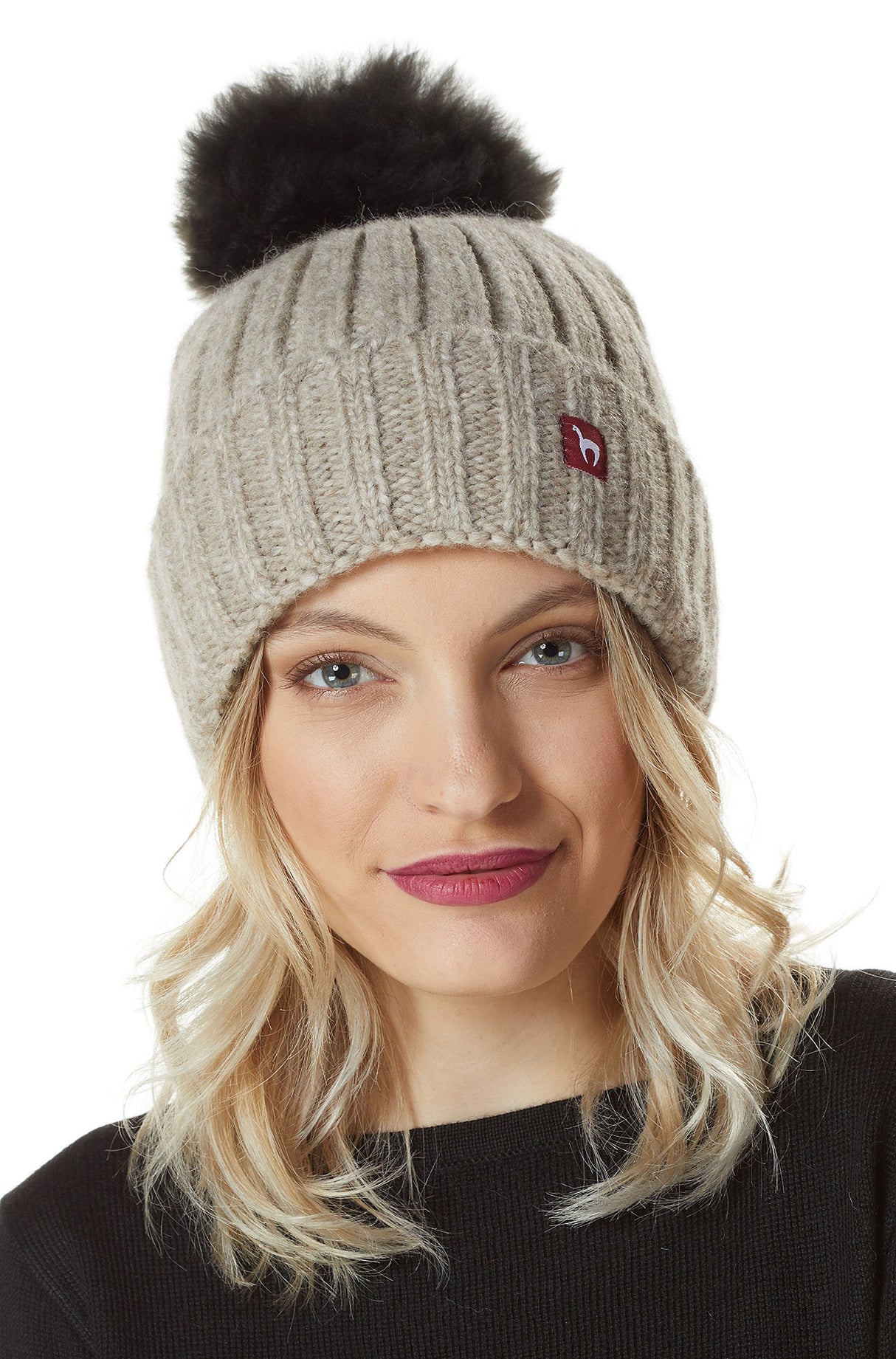 Alpaka Bommel-Mütze BIANCA mit Merino sand one-size