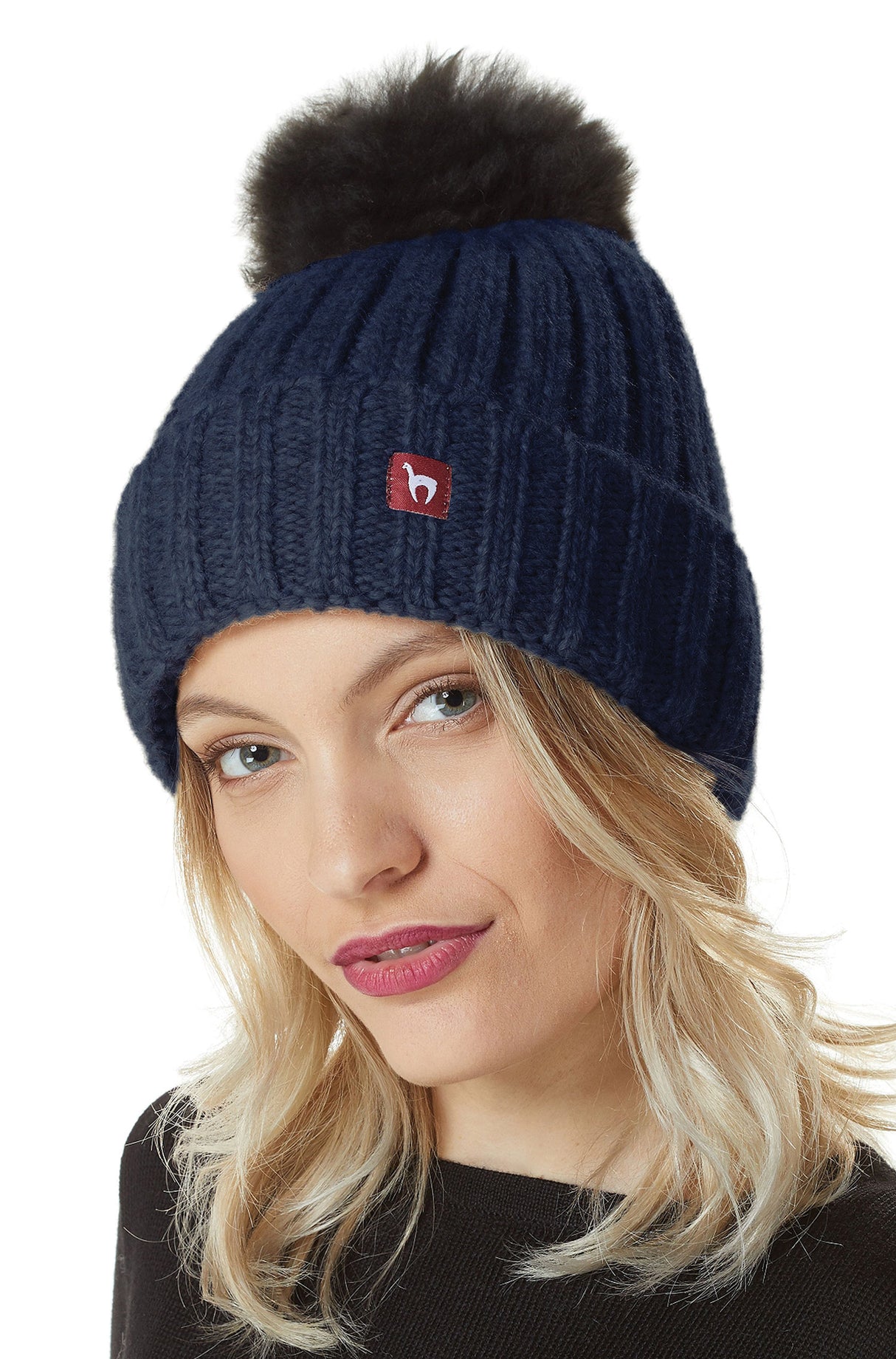 Alpaka Bommel-Mütze BIANCA mit Merino blau meliert one-size