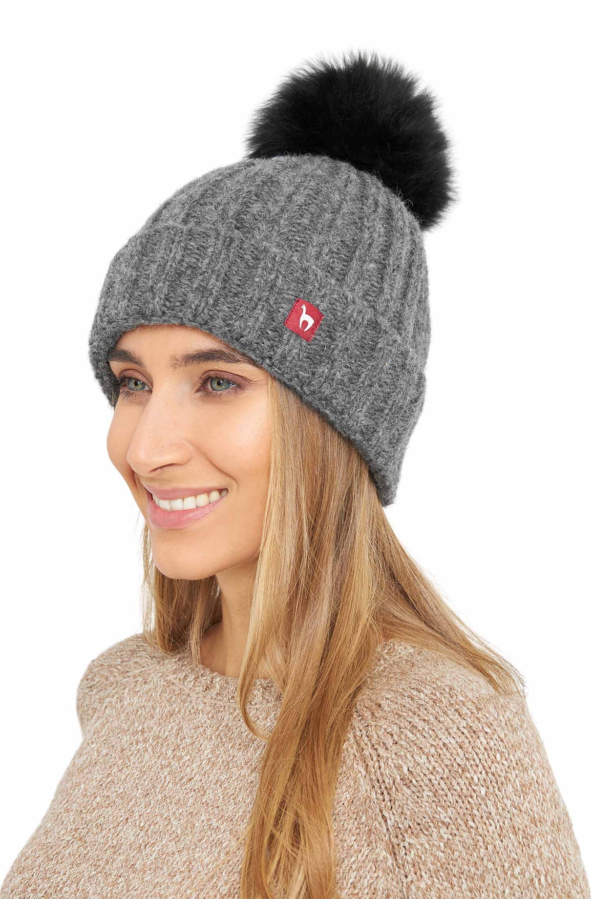 Alpaka Bommel-Mütze BIANCA mit Merino grau one-size
