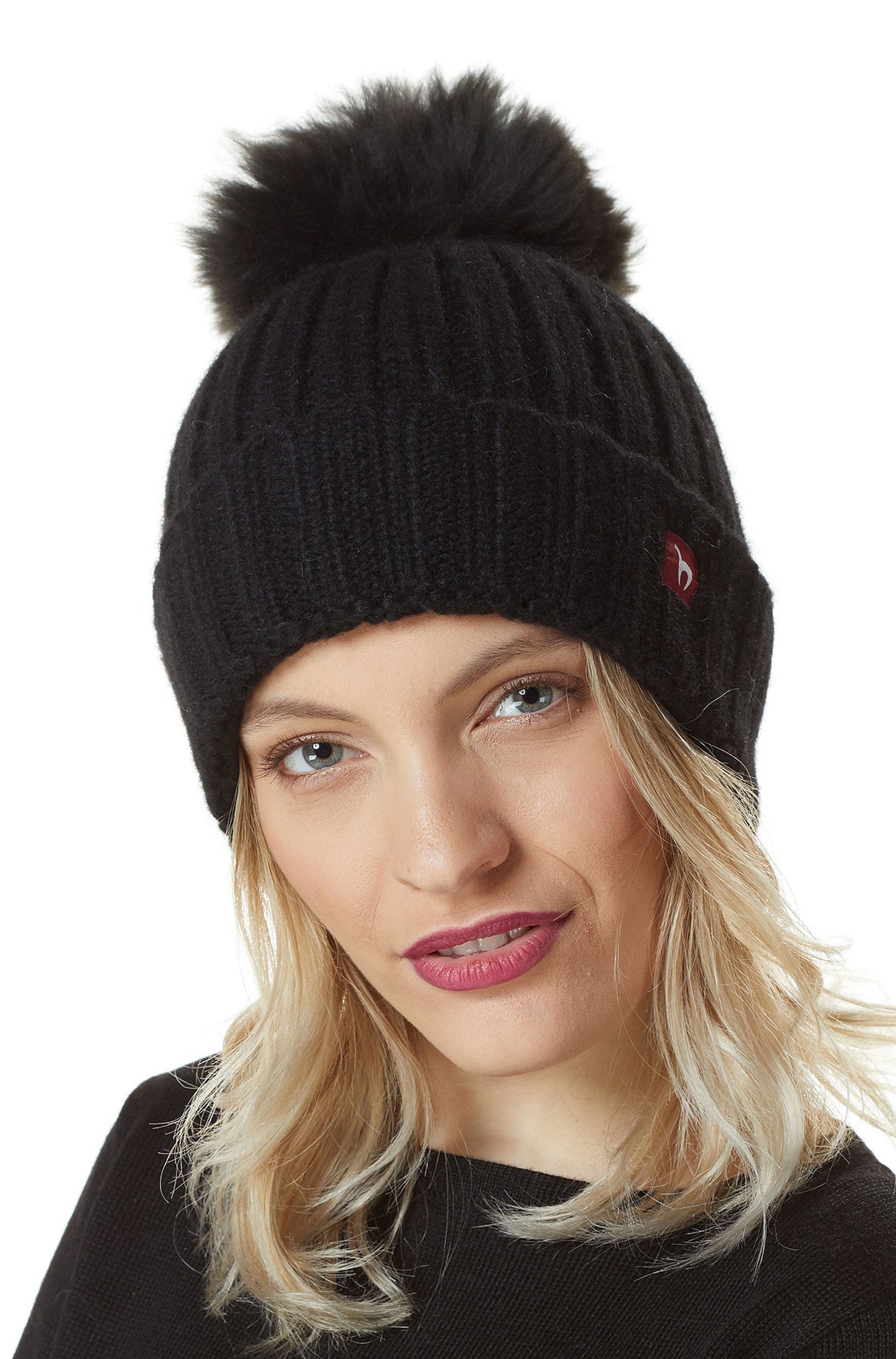 Alpaka Bommel-Mütze BIANCA mit Merino schwarz one-size