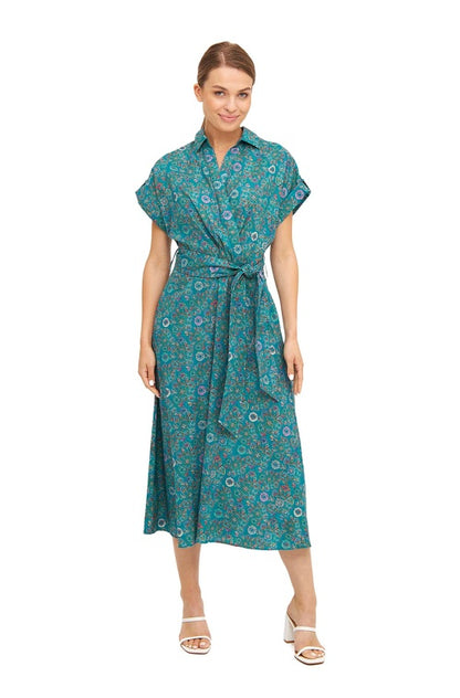 Pima-Baumwolle Kleid FLORAL ETHNO in Wickeloptik türkis blau