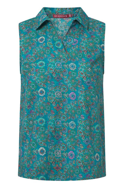 Pima-Baumwolle Bluse FLORAL ETHNO, ärmellos türkis blau