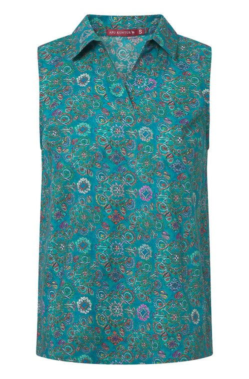 Pima-Baumwolle Bluse FLORAL ETHNO, ärmellos türkis blau