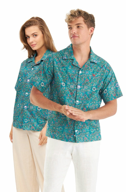 Pima-Baumwolle Hemd FLORAL ETHNO türkis blau