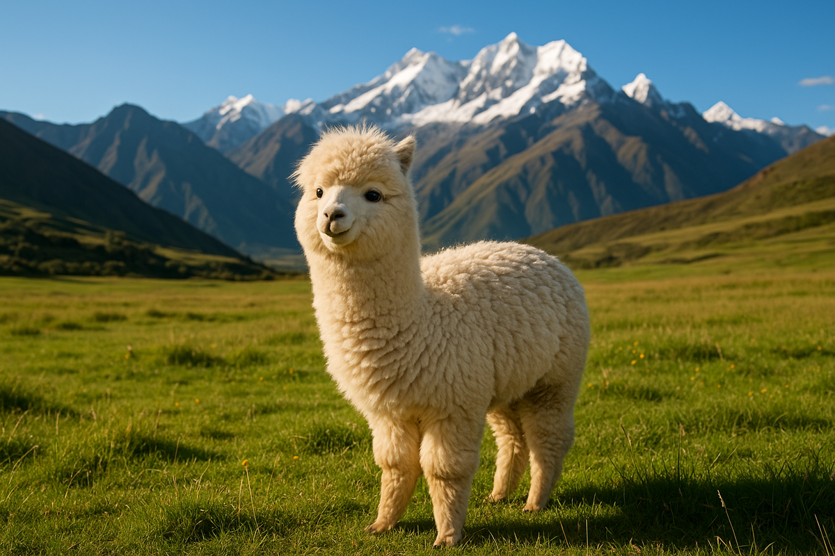 ein süßes Alpaka auf grünen Weiden in peru. Im Hintergrund Berge