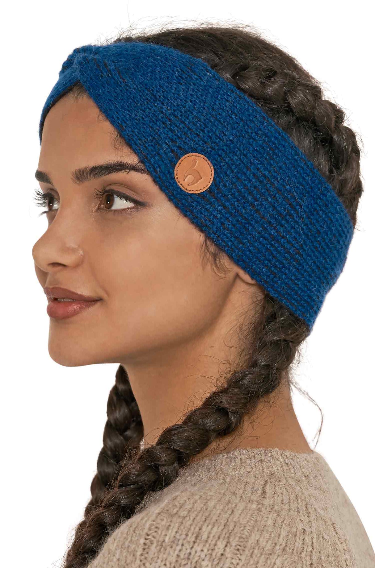 Stirnband MARINO mit Twist - 56% Alpaka und Merino blau schwarz one-size