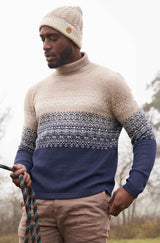 Rollkragen Pullover CARLOS aus 100% Alpaka blau sand