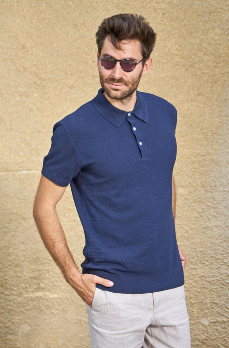 Poloshirt Herren SIMRON aus 90% Bio Pima Baumwolle und 10% Royal Alpaka dunkelblau meliert